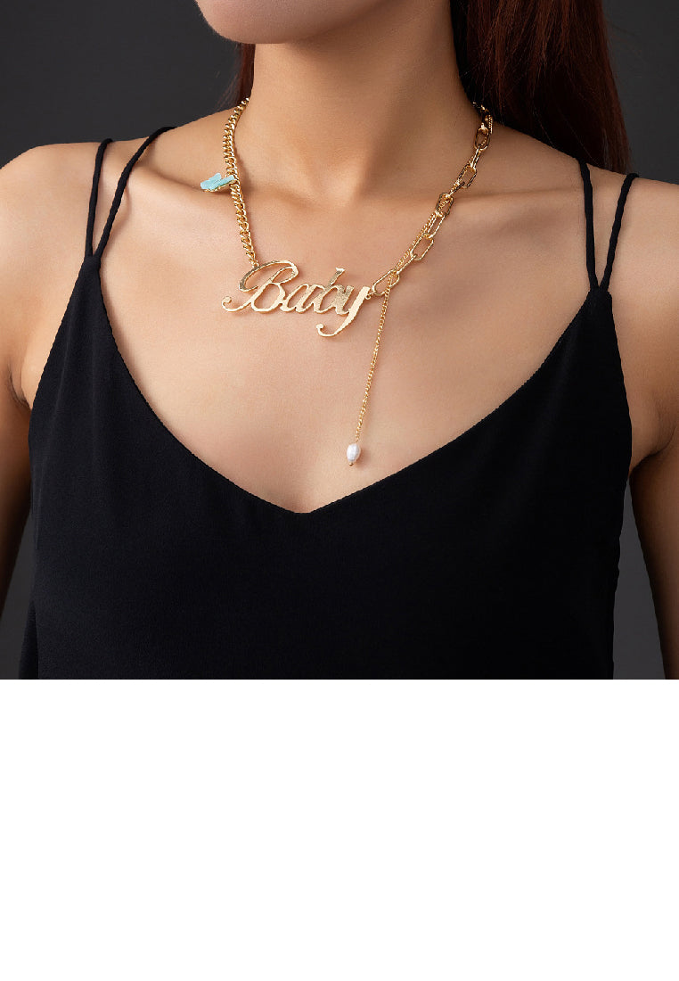 Fashion Exaggerated Plated Gold Alphabet Baby Butterfly Imitation Pearl Tassel Necklace - Luxurious Look