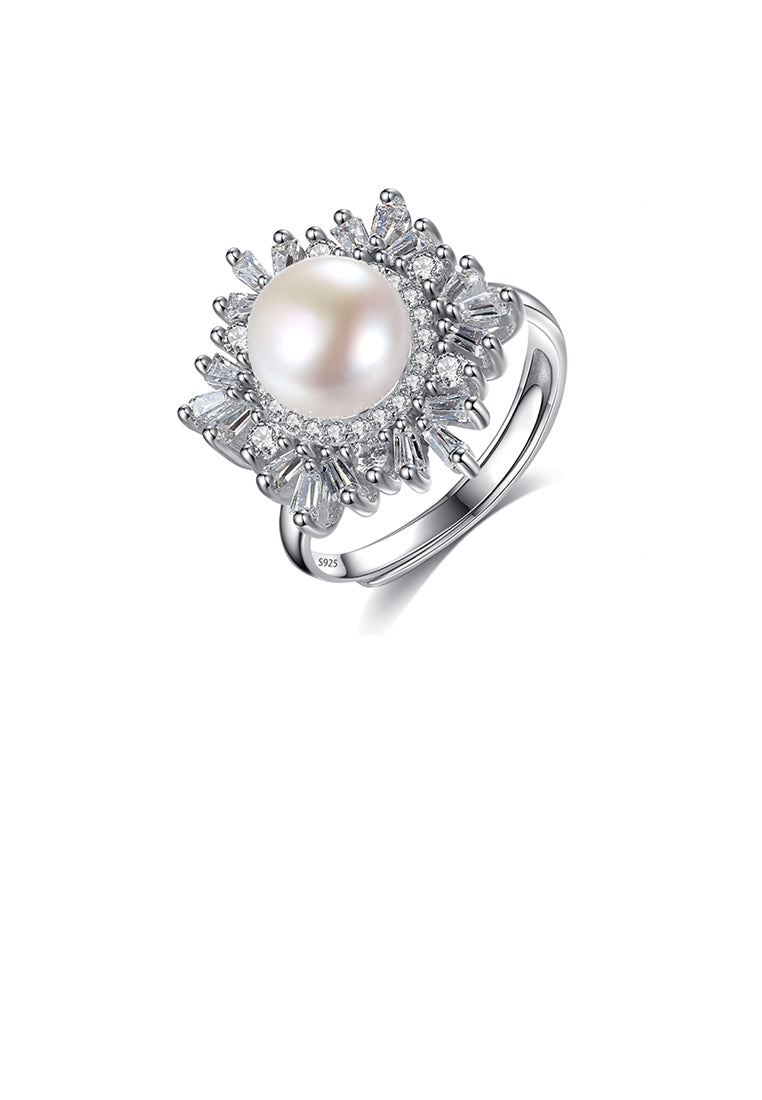 925 Sterling Silver Bright and Fashion Snowflake White Freshwater Pearl Adjustable Open Ring with Cubic Zirconia - Luxurious Look