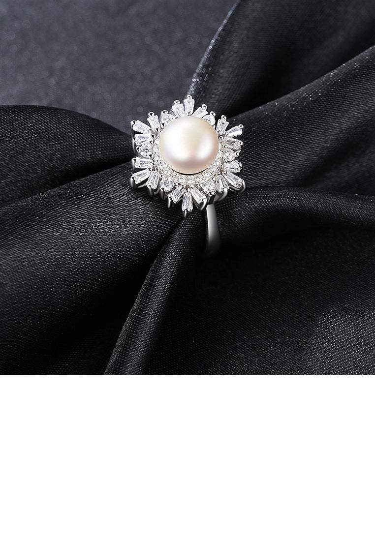 925 Sterling Silver Bright and Fashion Snowflake White Freshwater Pearl Adjustable Open Ring with Cubic Zirconia - Luxurious Look