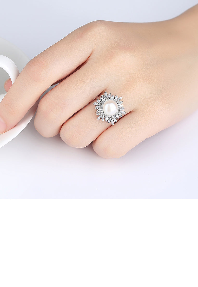 925 Sterling Silver Bright and Fashion Snowflake White Freshwater Pearl Adjustable Open Ring with Cubic Zirconia - Luxurious Look