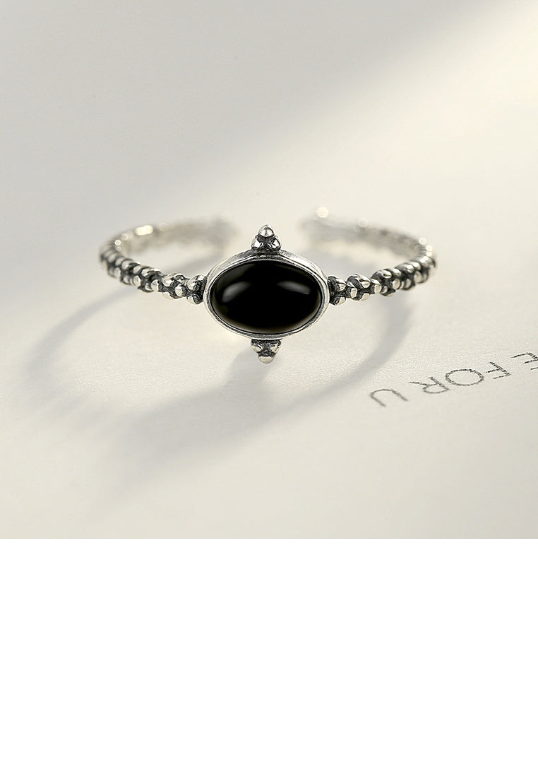 925 Sterling Silver Simple Fashion Geometric Oval Obsidian Adjustable Open Ring
