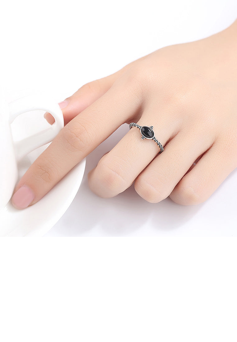 925 Sterling Silver Simple Fashion Geometric Oval Obsidian Adjustable Open Ring