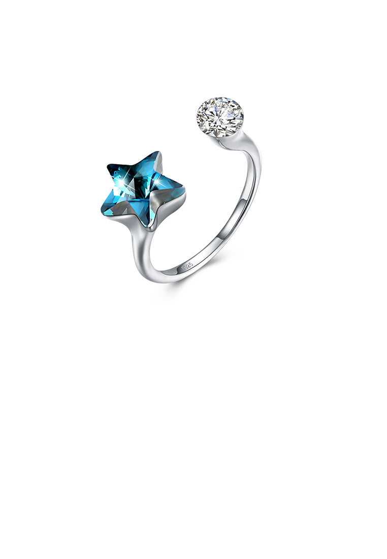925 Sterling Silver Fashion Simple Star Blue Austrian Element Crystal Adjustable Ring