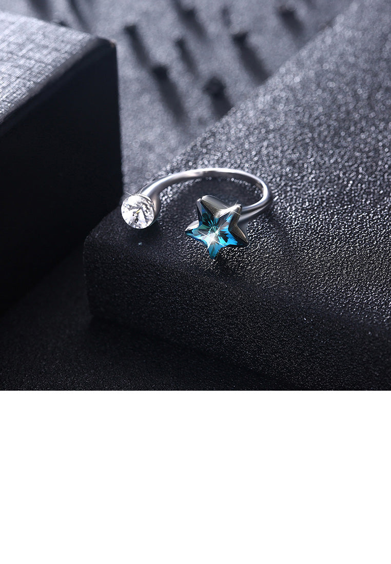 925 Sterling Silver Fashion Simple Star Blue Austrian Element Crystal Adjustable Ring