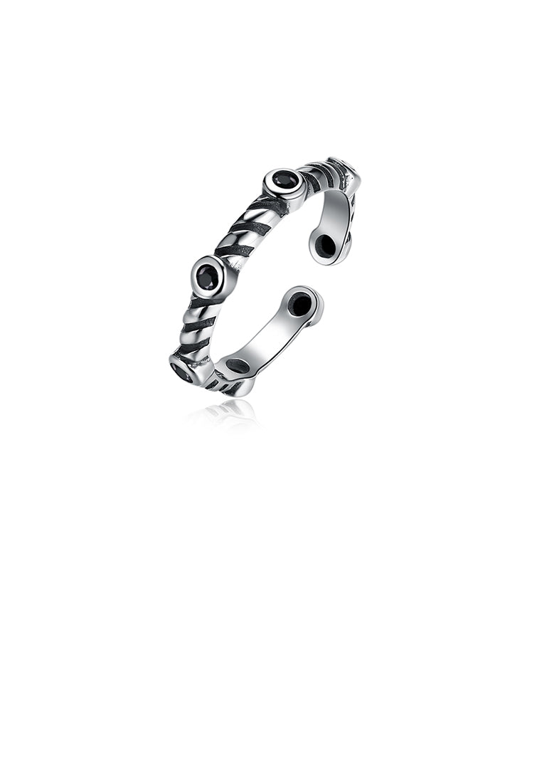 925 Sterling Silver Vintage Open Ring with Black Austrian Element Crystal