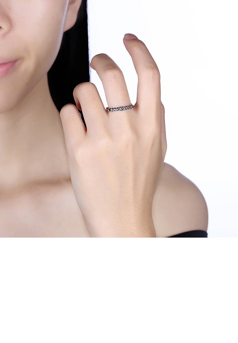 925 Sterling Silver Vintage Open Ring with Black Austrian Element Crystal