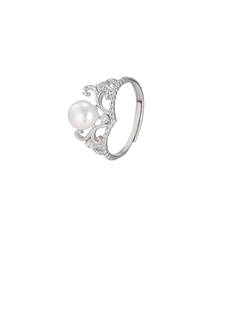 925 Sterling Silver Fashion Noble Crown White Freshwater Pearl Adjustable Ring - Luxurious Look