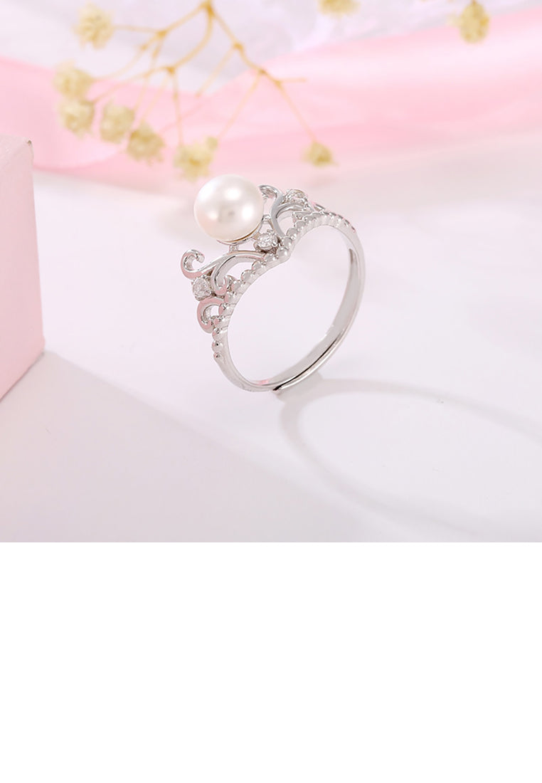 925 Sterling Silver Fashion Noble Crown White Freshwater Pearl Adjustable Ring - Luxurious Look