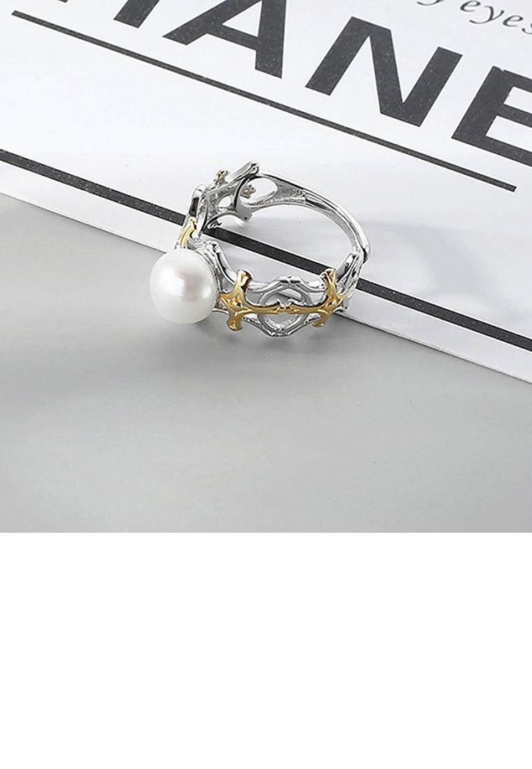 925 Sterling Silver Simple Fashion Golden Cross White Freshwater Pearl Adjustable Ring - Luxurious Look