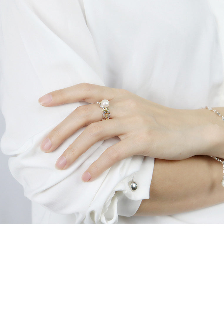 925 Sterling Silver Simple Fashion Golden Cross White Freshwater Pearl Adjustable Ring - Luxurious Look