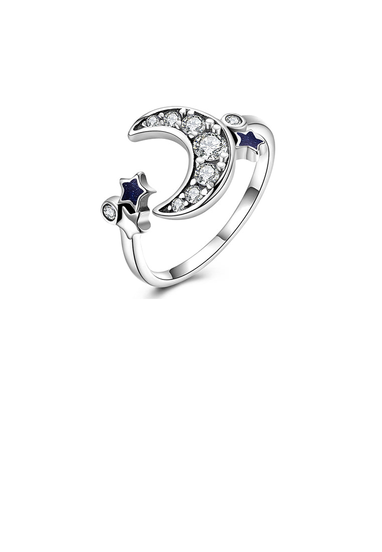 925 Sterling Silver Vintage Star Moon Cubic Zircon Adjustable Ring