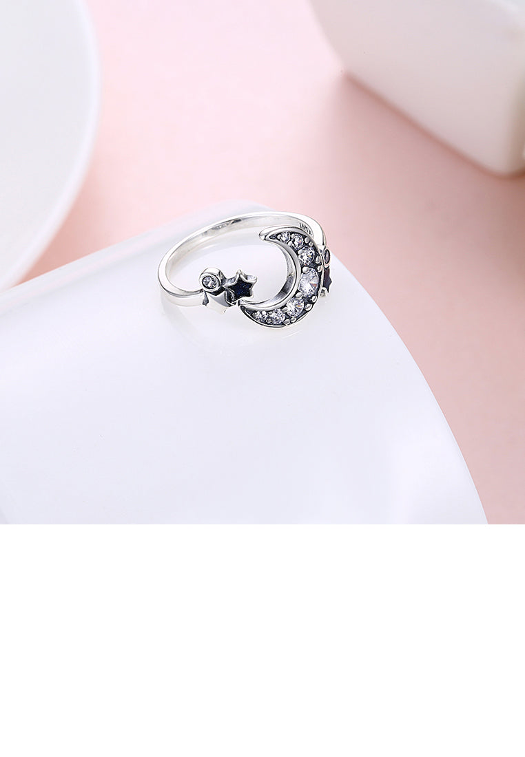925 Sterling Silver Vintage Star Moon Cubic Zircon Adjustable Ring