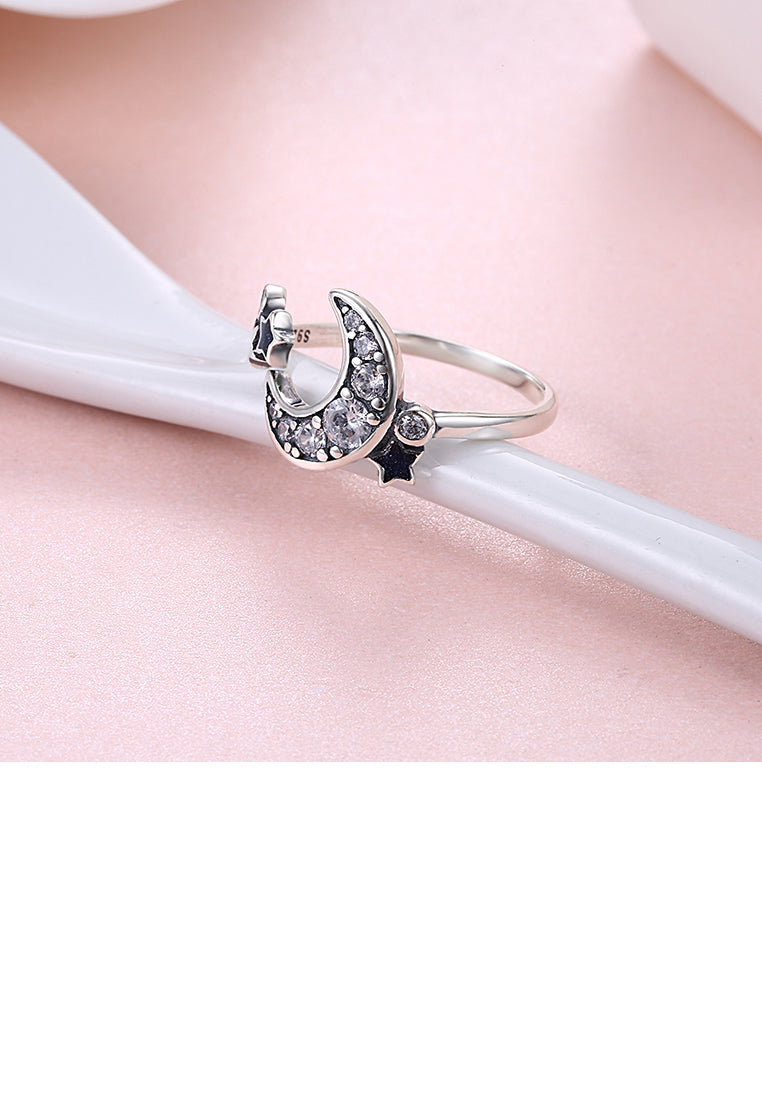 925 Sterling Silver Vintage Star Moon Cubic Zircon Adjustable Ring