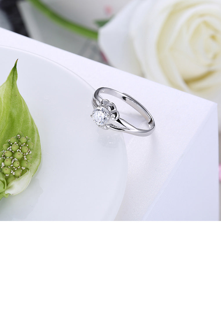 925 Sterling Silver Elegant Fashion Flower Adjustable Ring with Cubic Zircon