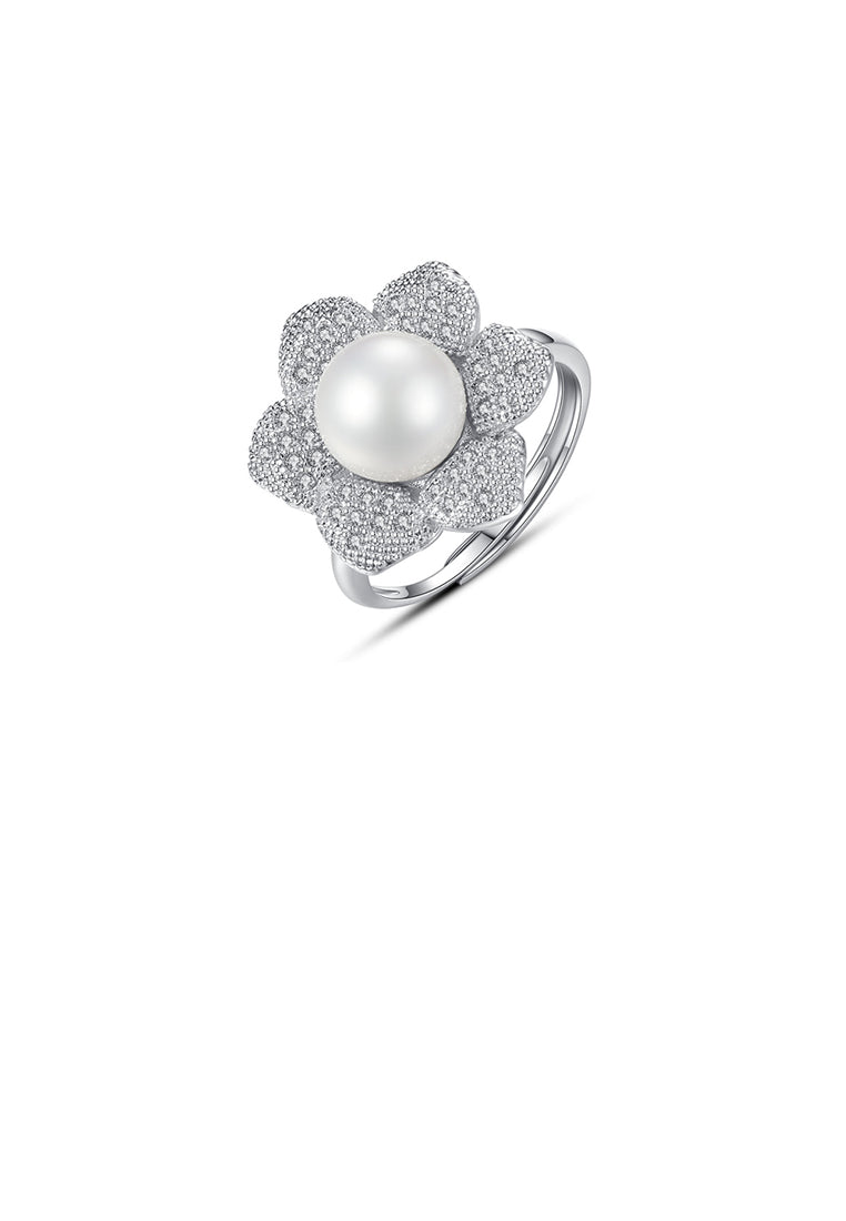 Simple and Elegant Flower Imitation Pearl Adjustable Ring with Cubic Zirconia - Luxurious Look