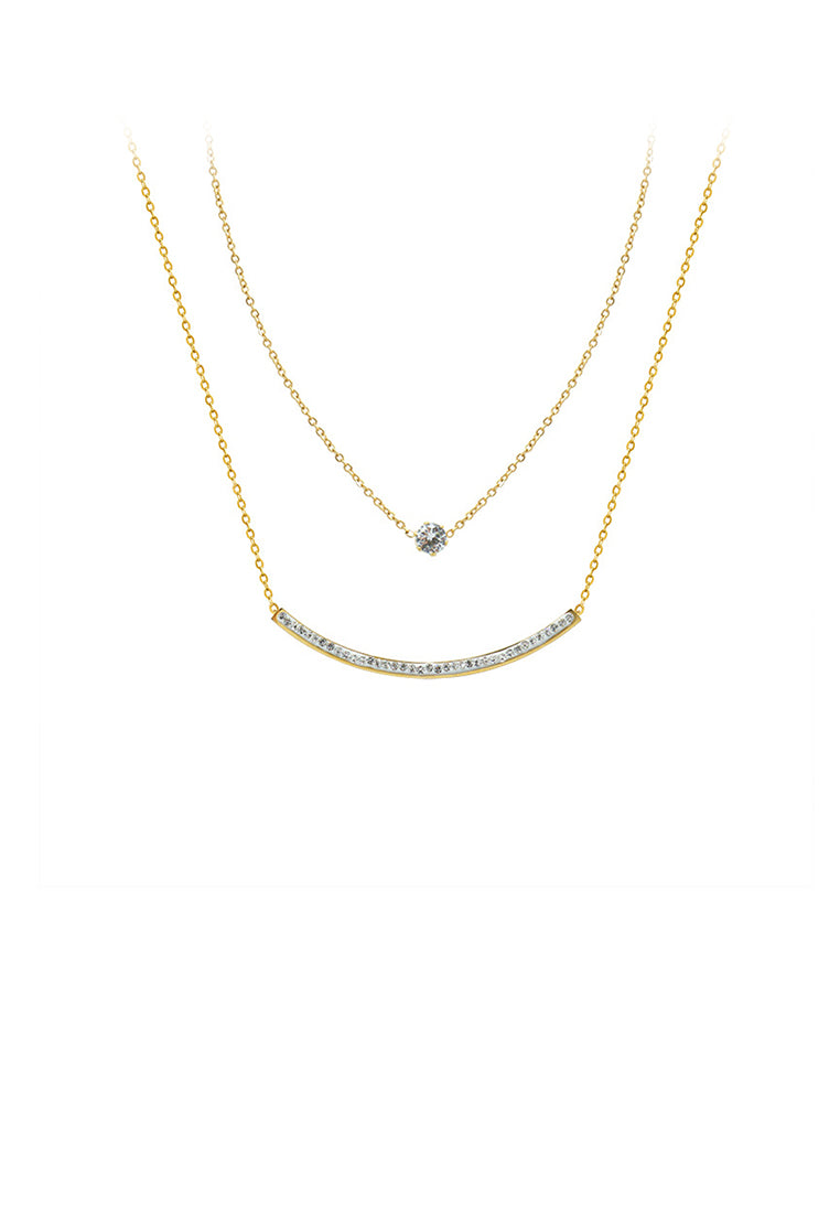 Simple and Creative Plated Gold Smiley Curved Geometric 316L Stainless Steel Double Layer Necklace with Cubic Zirconia - Luxurious Look