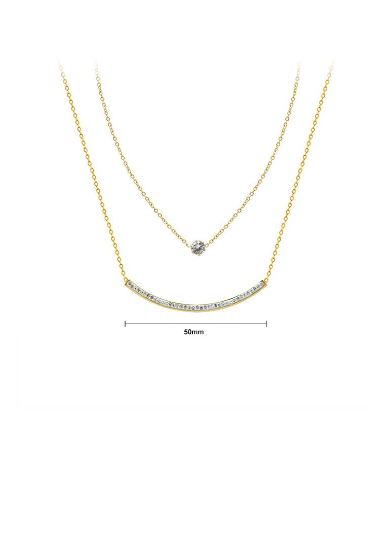 Simple and Creative Plated Gold Smiley Curved Geometric 316L Stainless Steel Double Layer Necklace with Cubic Zirconia - Luxurious Look