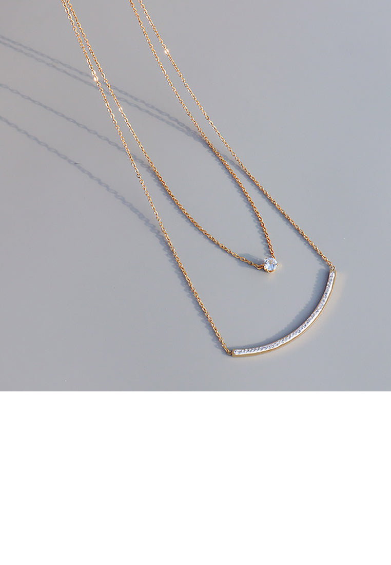 Simple and Creative Plated Gold Smiley Curved Geometric 316L Stainless Steel Double Layer Necklace with Cubic Zirconia - Luxurious Look