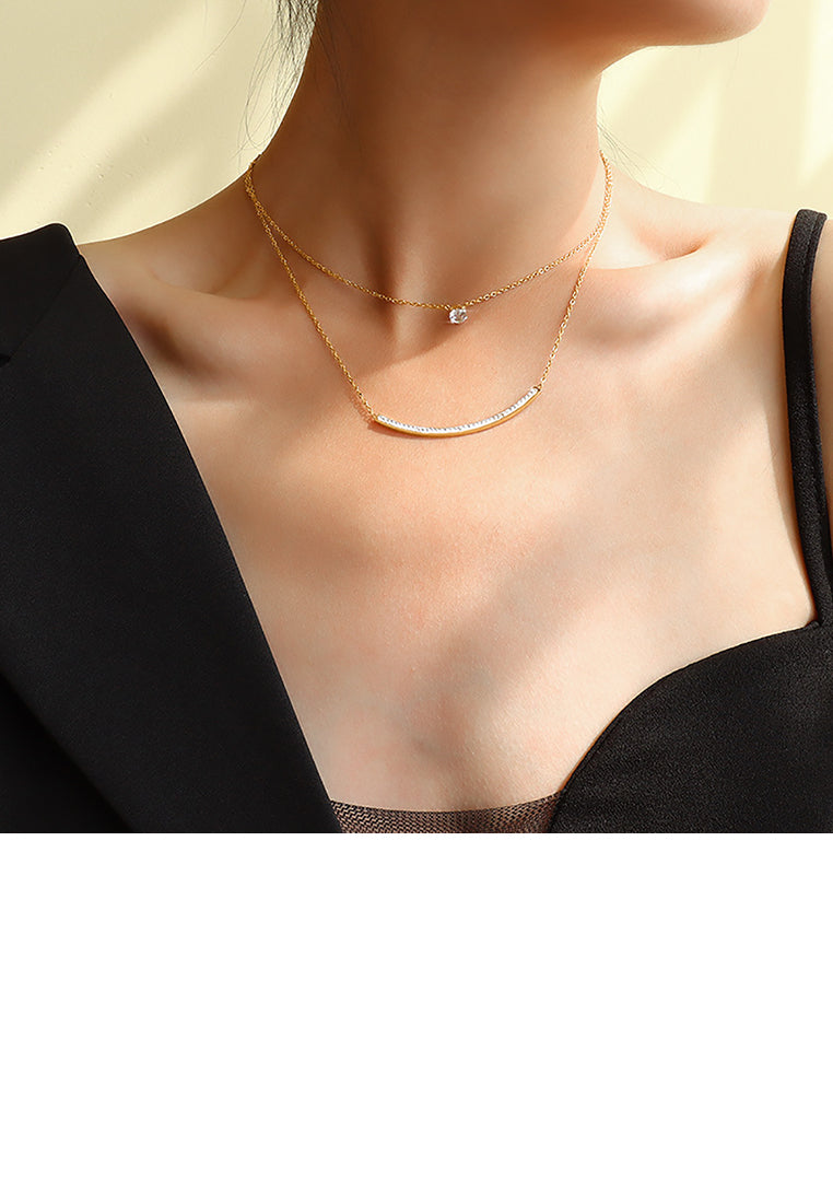 Simple and Creative Plated Gold Smiley Curved Geometric 316L Stainless Steel Double Layer Necklace with Cubic Zirconia - Luxurious Look