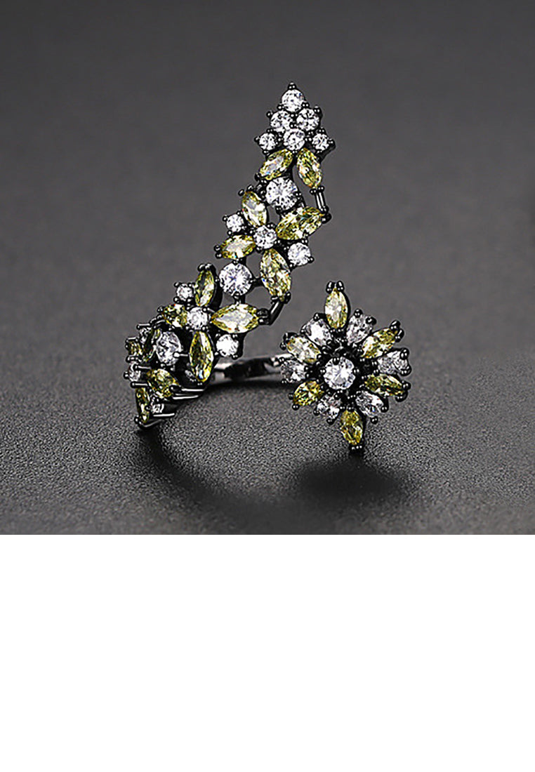 Fashion Simple Plated Black Geometric Flower Adjustable Opening Ring with Cubic Zirconia - Luxurious Look
