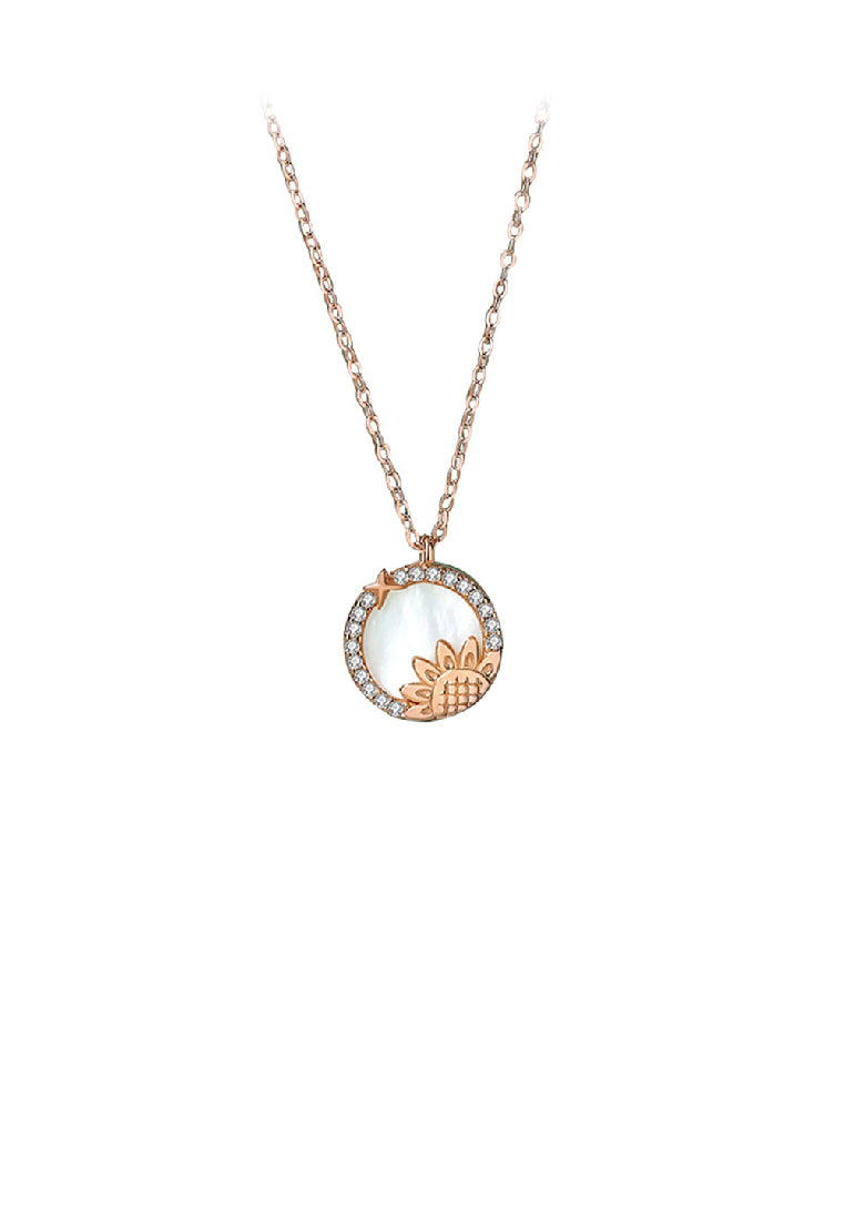 925 Sterling Silver Plated Rose Gold Fashion Temperament Sunflower Geometric Round Mother-of-pearl Pendant with Cubic Zirconia and Necklace - Luxurious Look