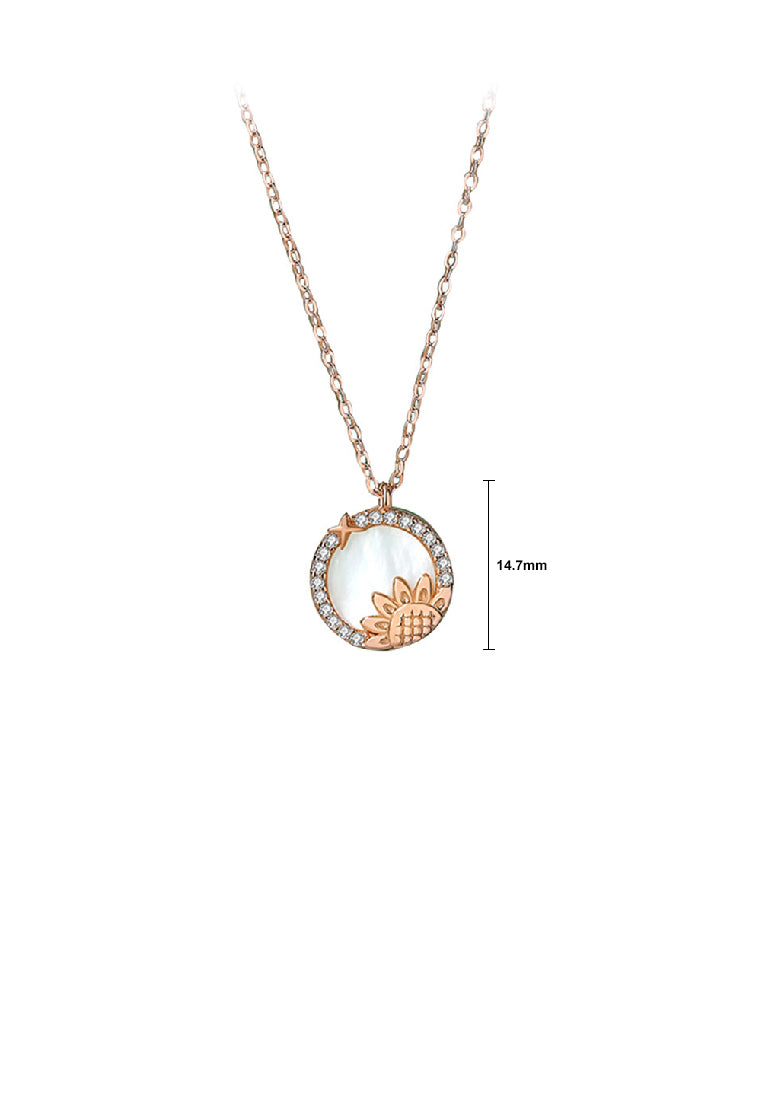 925 Sterling Silver Plated Rose Gold Fashion Temperament Sunflower Geometric Round Mother-of-pearl Pendant with Cubic Zirconia and Necklace - Luxurious Look
