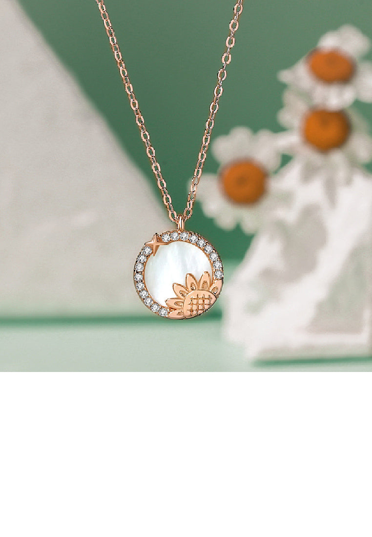 925 Sterling Silver Plated Rose Gold Fashion Temperament Sunflower Geometric Round Mother-of-pearl Pendant with Cubic Zirconia and Necklace - Luxurious Look