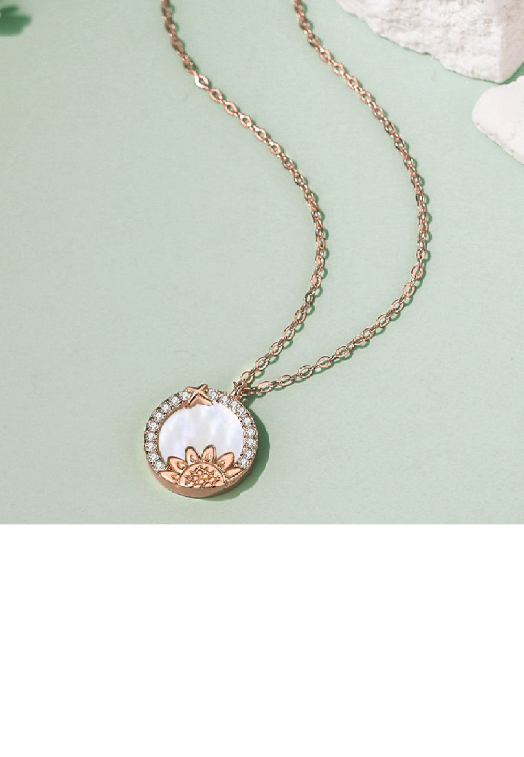 925 Sterling Silver Plated Rose Gold Fashion Temperament Sunflower Geometric Round Mother-of-pearl Pendant with Cubic Zirconia and Necklace - Luxurious Look
