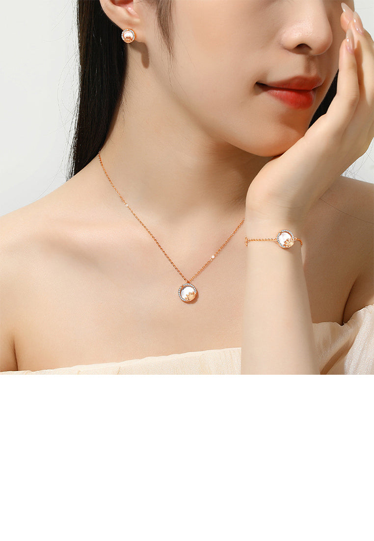 925 Sterling Silver Plated Rose Gold Fashion Temperament Sunflower Geometric Round Mother-of-pearl Pendant with Cubic Zirconia and Necklace - Luxurious Look