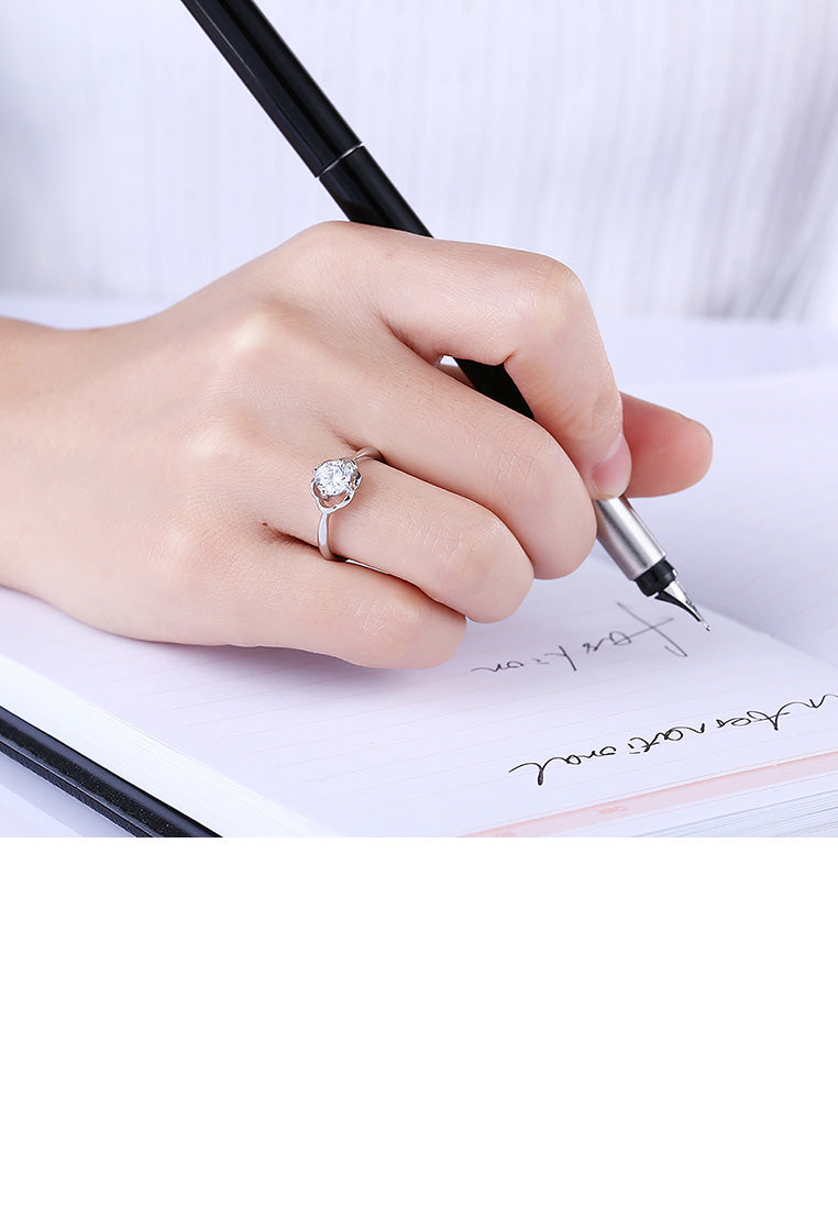 925 Sterling Silver Fashion Elegant Openwork Flower Adjustable Ring with Cubic Zircon