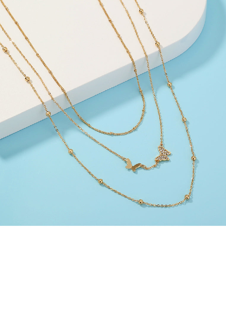 Simple and Elegant Plated Gold Butterfly Layered Necklace with Cubic Zirconia - Luxurious Look