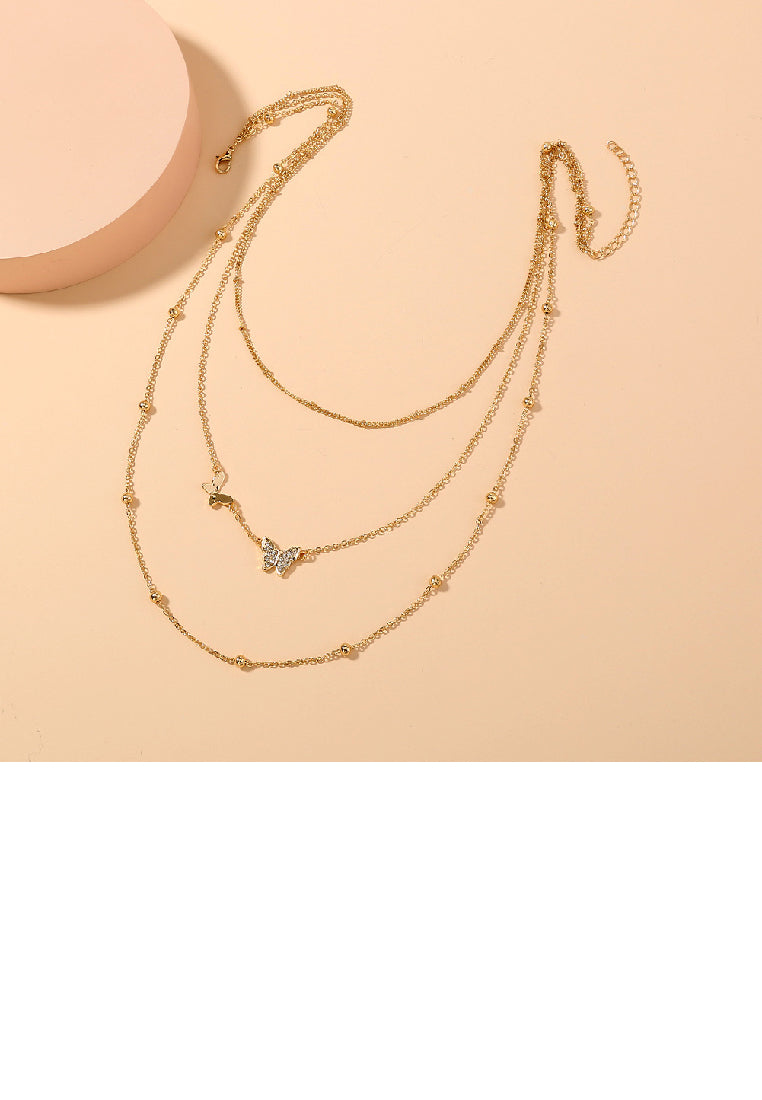 Simple and Elegant Plated Gold Butterfly Layered Necklace with Cubic Zirconia - Luxurious Look