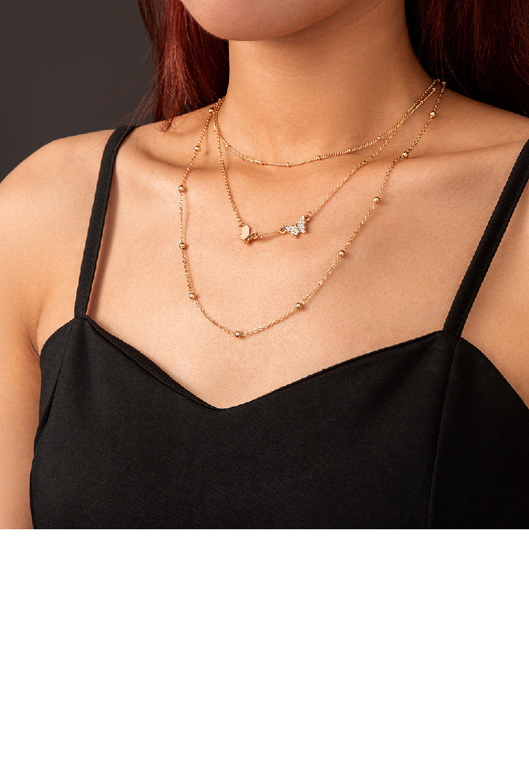 Simple and Elegant Plated Gold Butterfly Layered Necklace with Cubic Zirconia - Luxurious Look