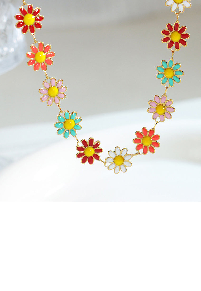 Fashion Temperament Plated Gold 316L Stainless Steel Enamel Colorful Flower Necklace