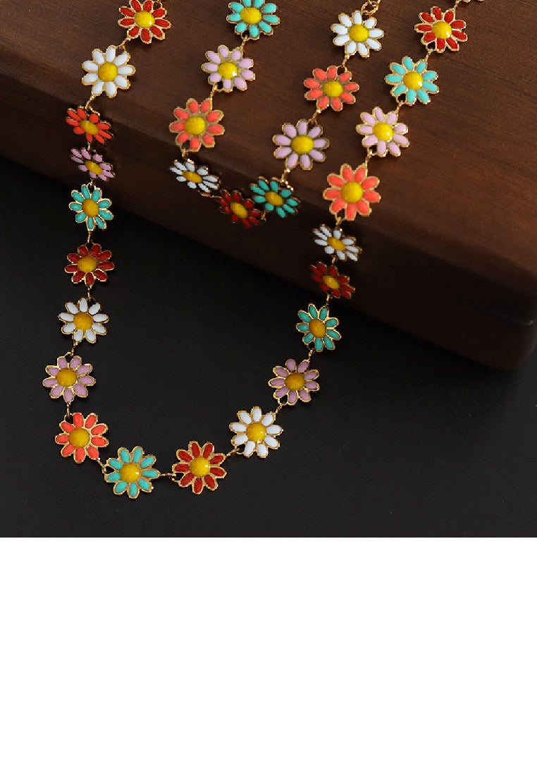 Fashion Temperament Plated Gold 316L Stainless Steel Enamel Colorful Flower Necklace