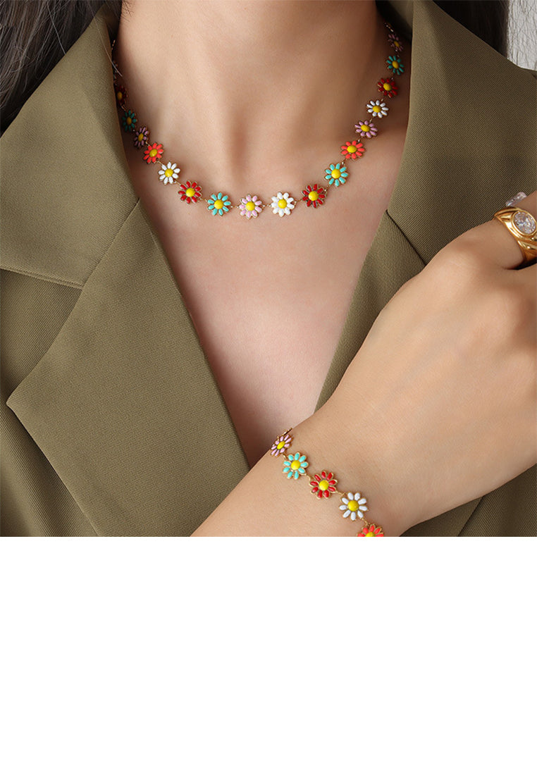 Fashion Temperament Plated Gold 316L Stainless Steel Enamel Colorful Flower Necklace
