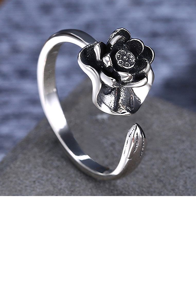 925 Sterling Silver Vintage Elegant Fashion Lotus Flower Adjustable Opening Ring