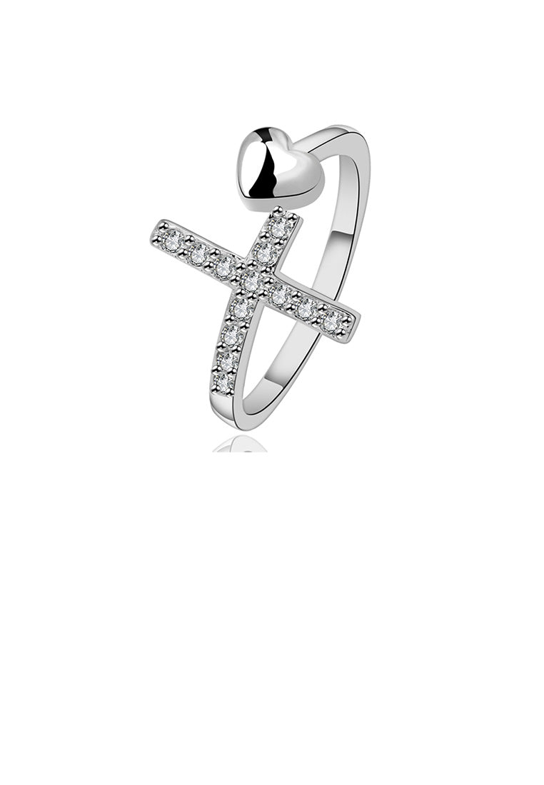 Simple Romantic Heart Shaped Cross Adjustable Ring with Cubic Zircon