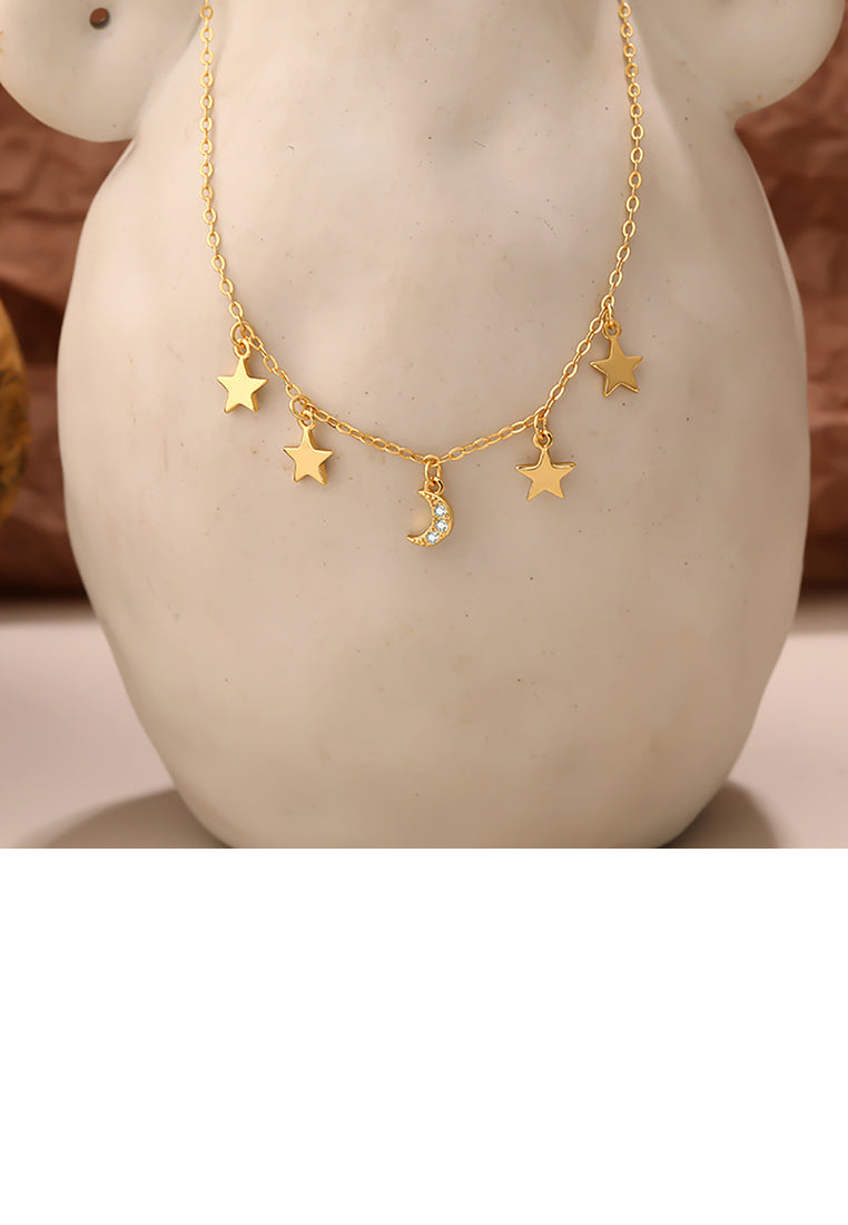 925 Sterling Silver Gold Plated Fashion Simple Moon Star Necklace with Cubic Zirconia - Luxurious Look