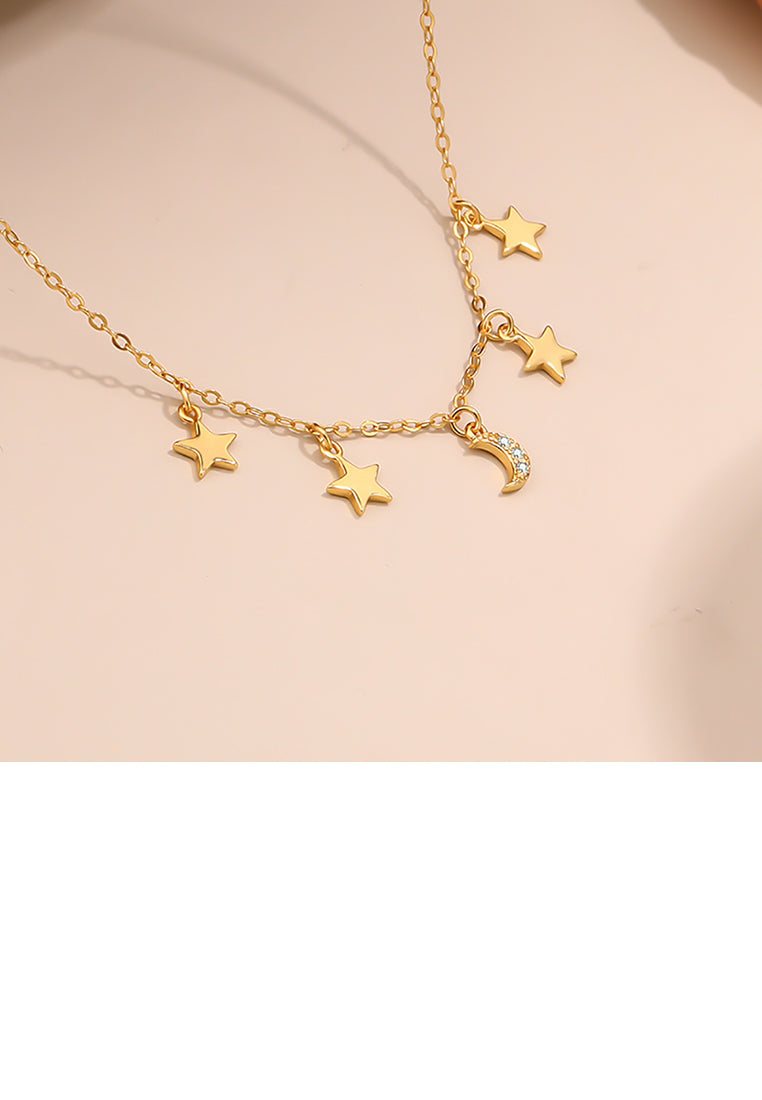 925 Sterling Silver Gold Plated Fashion Simple Moon Star Necklace with Cubic Zirconia - Luxurious Look