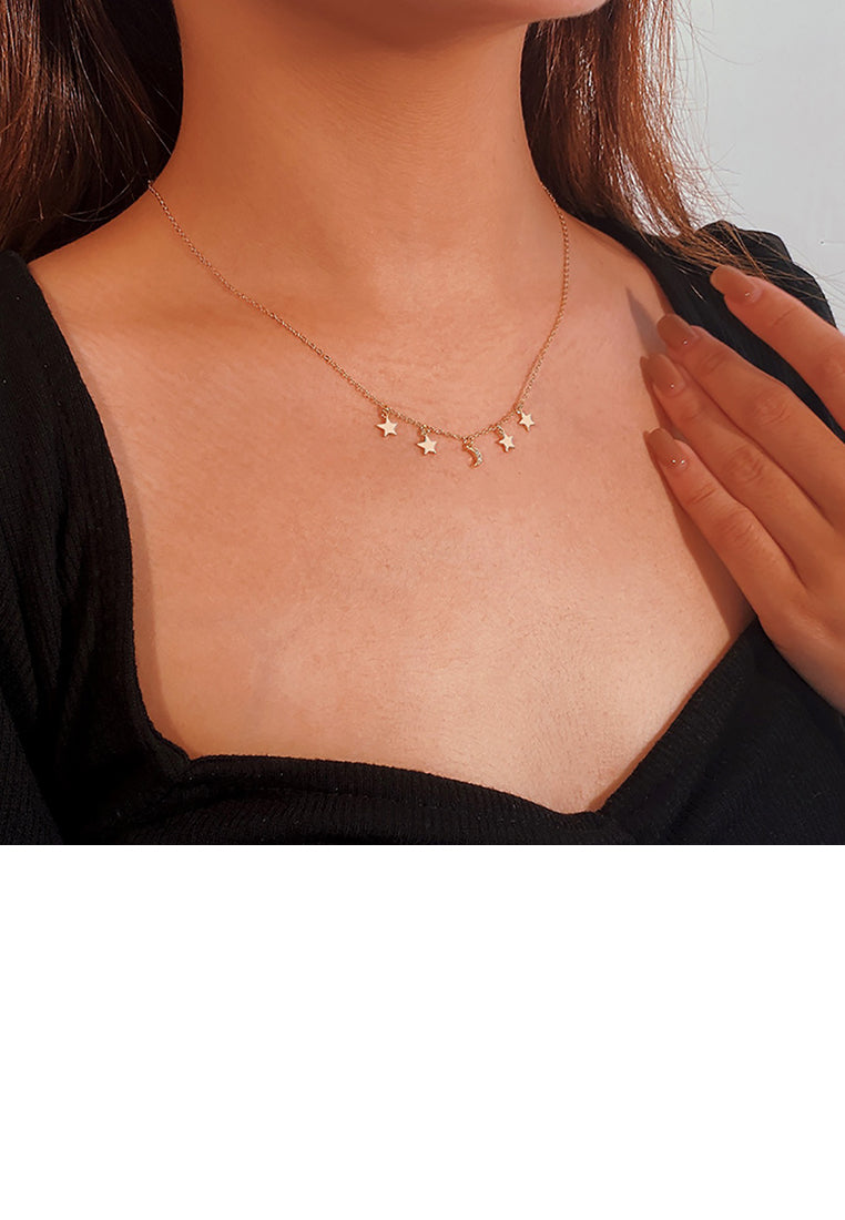 925 Sterling Silver Gold Plated Fashion Simple Moon Star Necklace with Cubic Zirconia - Luxurious Look