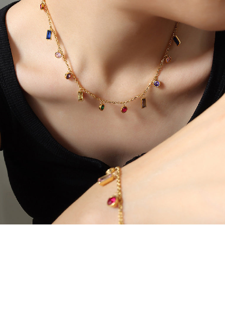 Fashion Simple Plated Gold 316L Stainless Steel Geometric Colorful Cubic Zirconia Chain Necklace - Luxurious Look