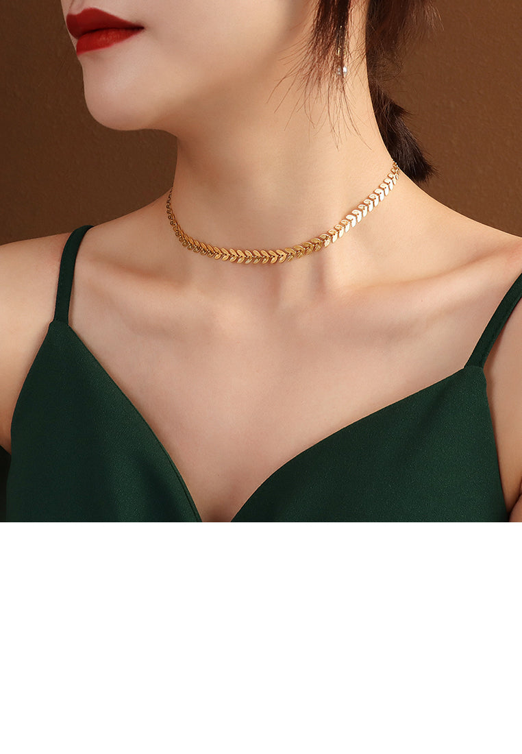 Fashion Elegant Plated Gold 316L Stainless Steel Leaf Short Necklace