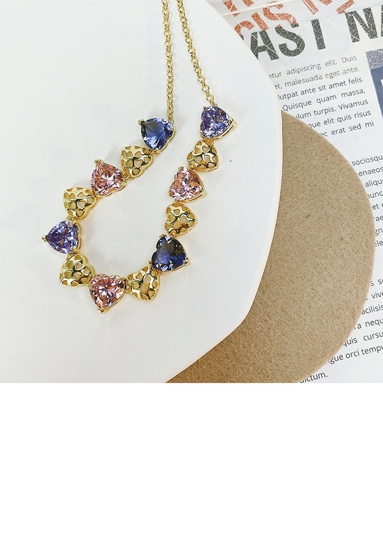 Fashion Simple Plated Gold Hollow Heart Necklace with Colorful Cubic Zirconia - Luxurious Look