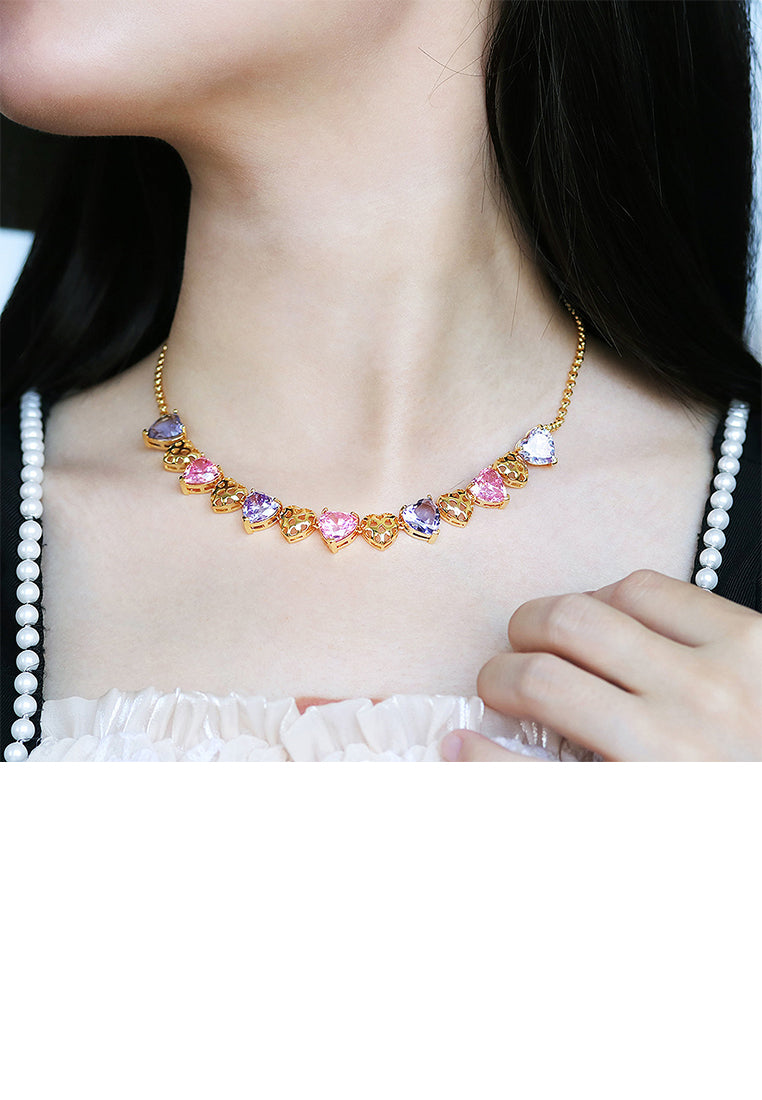 Fashion Simple Plated Gold Hollow Heart Necklace with Colorful Cubic Zirconia - Luxurious Look