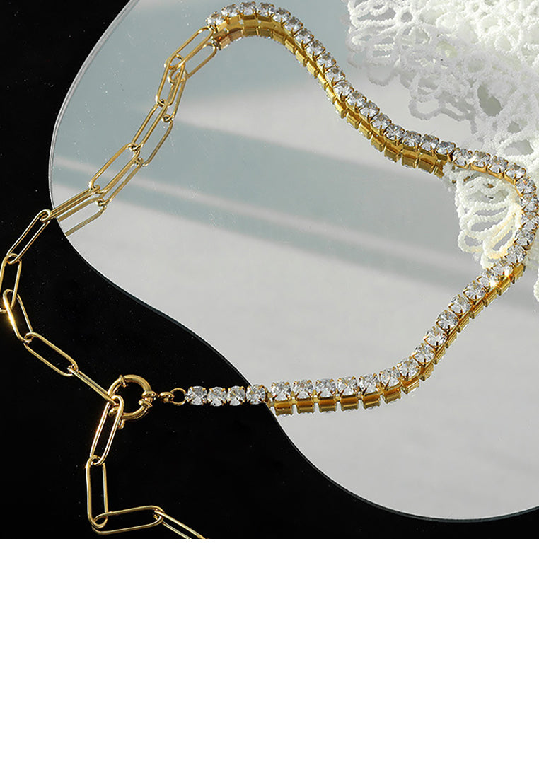 Fashion Temperament Plated Gold 316L Stainless Steel Geometric Cubic Zirconia Stitching Chain Necklace - Luxurious Look