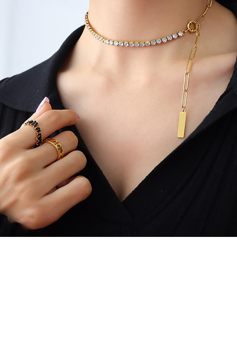 Fashion Temperament Plated Gold 316L Stainless Steel Geometric Cubic Zirconia Stitching Chain Necklace - Luxurious Look