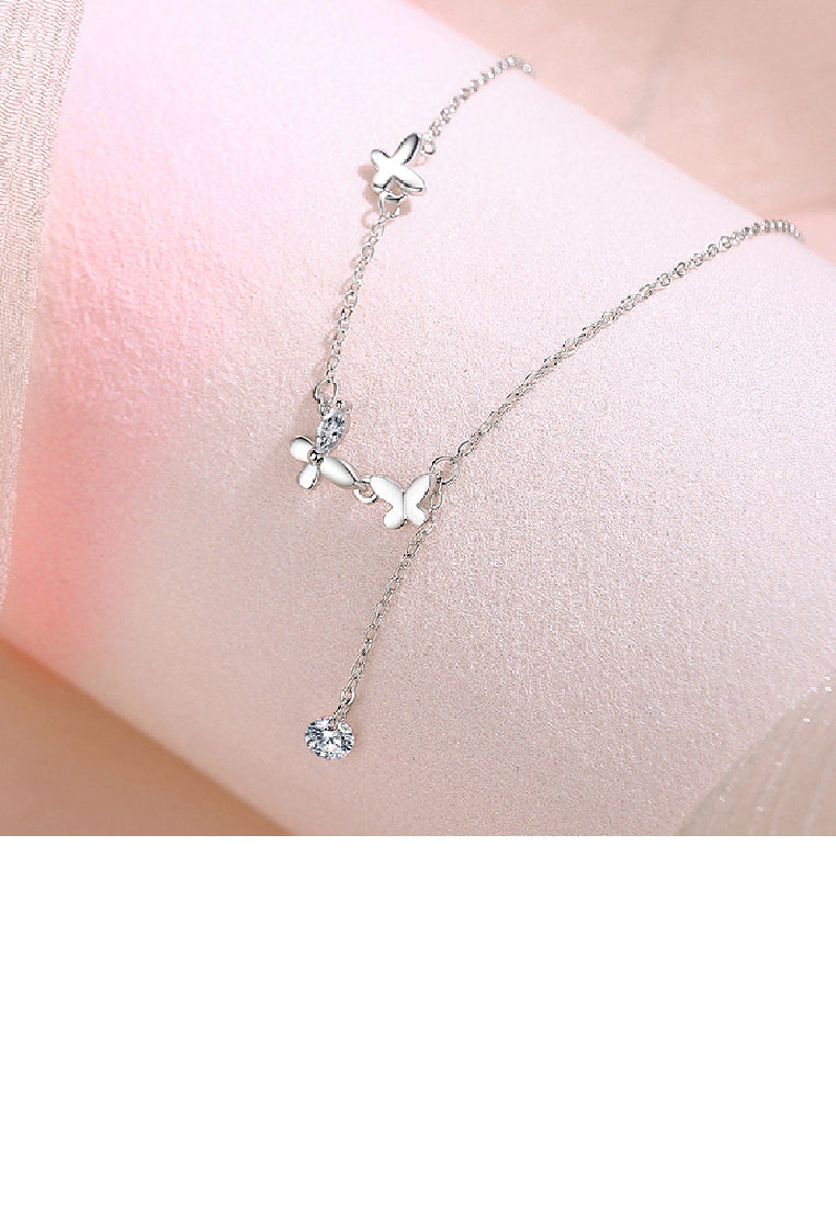 925 Sterling Silver Simple Elegant Butterfly Tassel Necklace with Cubic Zirconia - Luxurious Look
