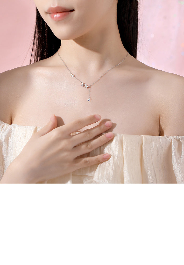 925 Sterling Silver Simple Elegant Butterfly Tassel Necklace with Cubic Zirconia - Luxurious Look