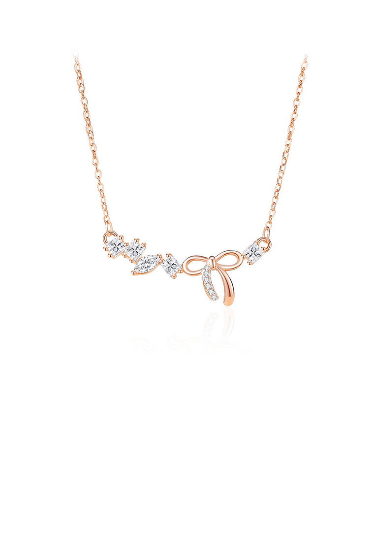 925 Sterling Silver Plated Rose Gold Simple Sweet Ribbon Necklace with Cubic Zirconia - Luxurious Look